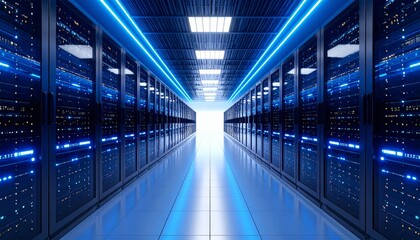 Futuristic empty server room hallway with data center racks and glass walls