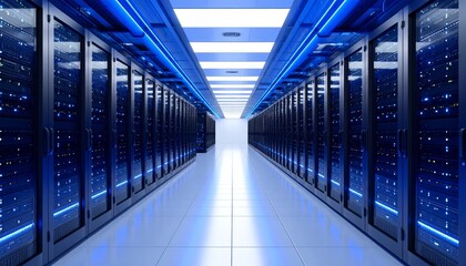 Fototapeta premium Futuristic empty server room hallway with data center racks and glass walls