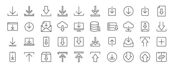 Download and upload icons in line style. Button, symbol. Collection. Vector illustration.