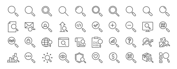 Search web icons in line style. Magnify glass, web search, find document, interface, collection. Vector illustration.