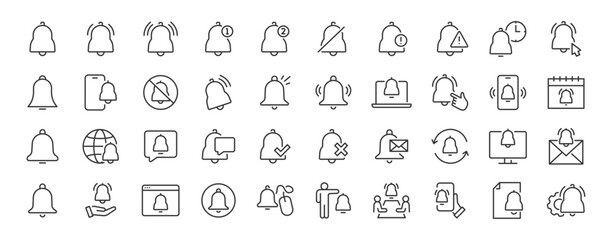 Notification web icons in line style. Message, sound, bell, online, devices, chat, social, notification, reminder. Vector illustration.