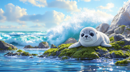 Adorable Baby Seal Pup Resting on Mossy Rock by Crashing Ocean Waves under Bright Blue Sky