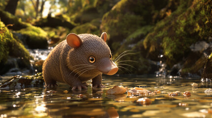 Charming 3D Animated Forest Creature with Long Snout Wading in Sunlit Stream Amidst Mossy Rocks and Lush Greenery in Whimsical Woodland