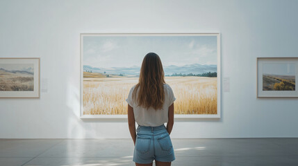 A woman viewing a large landscape white-framed picture in an art museum with white walls and a gray floor. High-resolution, crisp, detailed. 