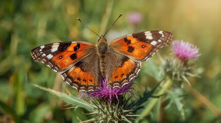Obraz premium A close-up of a vibrant orange butterfly with black markings resting on a purple thistle flower, basking in soft sunlight.