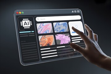 AI Powered Interface on a Transparent Screen with Hand Interaction Showcasing Advanced Technology User Experience and Modern Design for a Futuristic Digital World