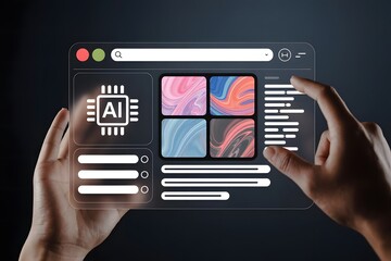 Artificial Intelligence Interface with Abstract Art and User Interaction Featuring a Transparent Screen and Modern Design Elements for Technology and Innovation Concepts