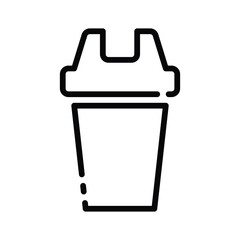 Black outline of a protein shaker bottle with a lid on a white background. Editable stroke