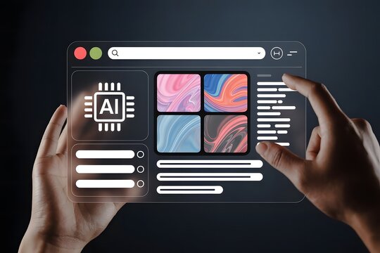 Artificial Intelligence Interface with Abstract Art and User Interaction Featuring a Transparent Screen and Modern Design Elements for Technology and Innovation Concepts