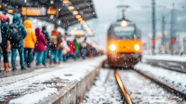 Snowy train platform bustling with passengers on a winter day as a train approaches