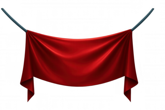 Realistic red silk drape hanging on a rope, creating an elegant and luxurious presentation with transparent background