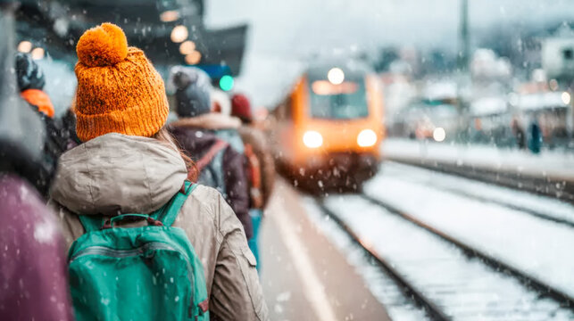 Snowy train platform bustling with travelers waiting for their train on a winter day - Powered by Adobe