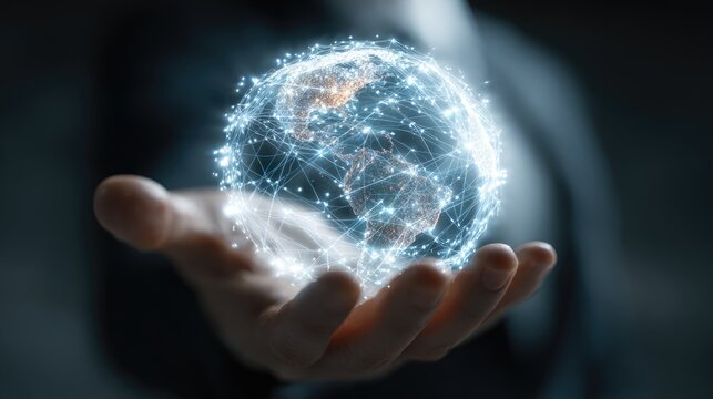 Global Network Hologram Held in Hand, Dark Background