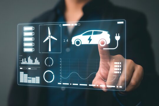 Electric Vehicle Technology Interface with Wind Power and Battery Monitoring Featuring a Person Touching a Digital Screen for Sustainable Energy Management and Eco Friendly - Powered by Adobe
