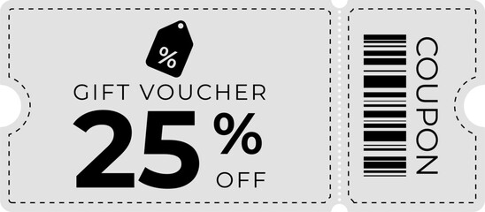 Minimal 25% off coupon ticket with clean design, tag icon, and dashed border. Ideal for e-commerce, sale banners, promotions, vouchers, and discount advertisements