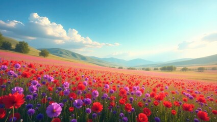 Fototapeta premium A colorful field of wildflowers stretches across a landscape of rolling hills.