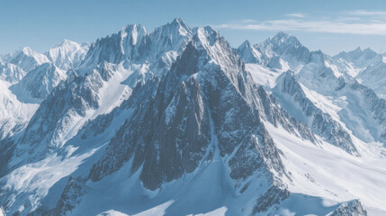Obraz premium Majestic snow-capped peaks rise under clear blue skies in a breathtaking mountain landscape