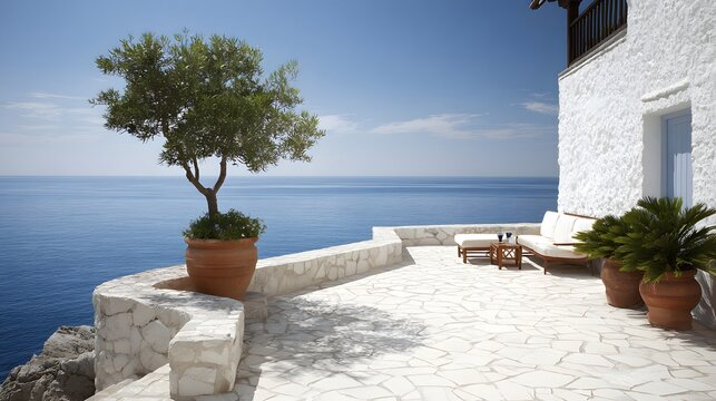 Seaside terrace with a view of the ocean and a small tree.