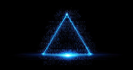 Glowing blue triangle, binary code, dark background