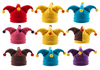 Colorful Jester Hats Collection isolated on transparent background