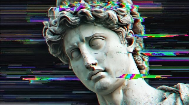 Glitch art overlay on antique statue head