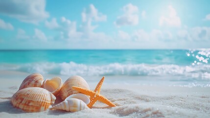 Obraz premium Beautiful coastal photo with seashells starfish and soft sand at the beach on a sunny day