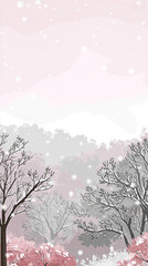 Serene winter landscape with delicate snowflakes falling over tranquil pink-hued trees