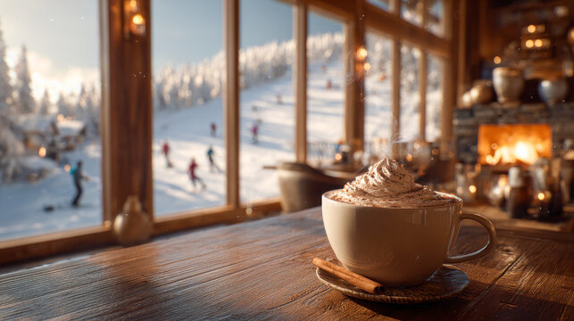 Cozy winter lodge interior featuring a steaming cup of cocoa and a snowy ski slope view