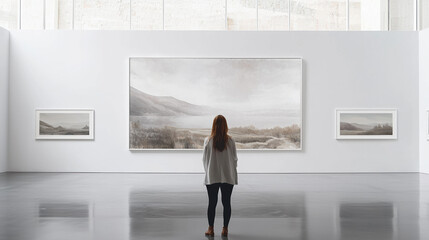 Fototapeta premium A woman viewing a large landscape white-framed picture in an art museum with white walls and a gray floor. High-resolution, crisp, detailed