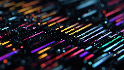 Abstract digital circuit board.  Multicolored lines and points arranged in a grid pattern on a dark background.  Blurry effect emphasizes the interconnectedness of the elements