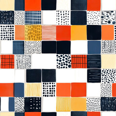 2D illustration of a tileable pattern of patchwork squares isolated on a white transparent background