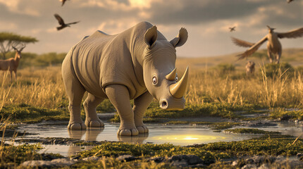 Obraz premium Whimsical 3D Rhinoceros in Golden Savanna Landscape at Sunset, Standing in a Glowing Puddle with Wildlife and Birds, Digital Art of African Safari