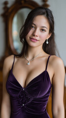 Corset velvet dress portrait by round mirror with reflection