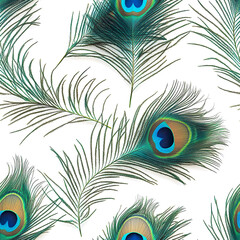 2D illustration of a tileable pattern of peacock feathers isolated on a white transparent background