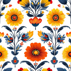 2D illustration of a tileable pattern of Scandinavian folk art flowers isolated on a white transparent background