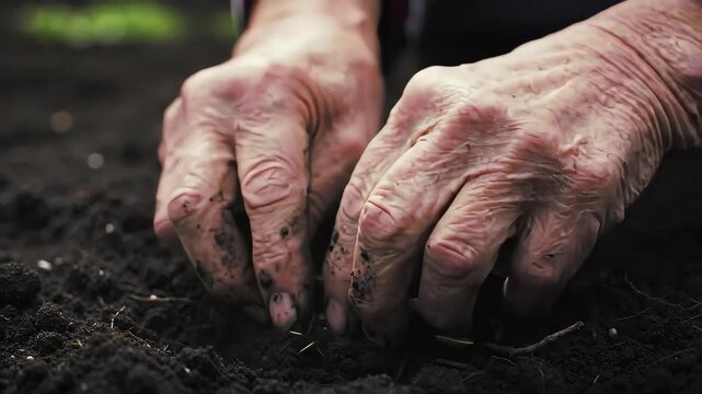Wrinkled Hands in Rich Soil Prepare Garden Bed for Planting at Close Range