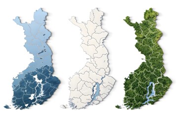 Three Representations of Finland Showing Water Forests and Regions country outline