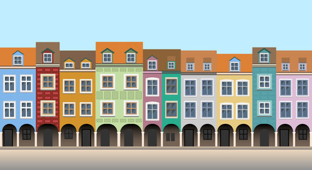 Row of colorful building facades, inspired by houses in Poznan, Poland.