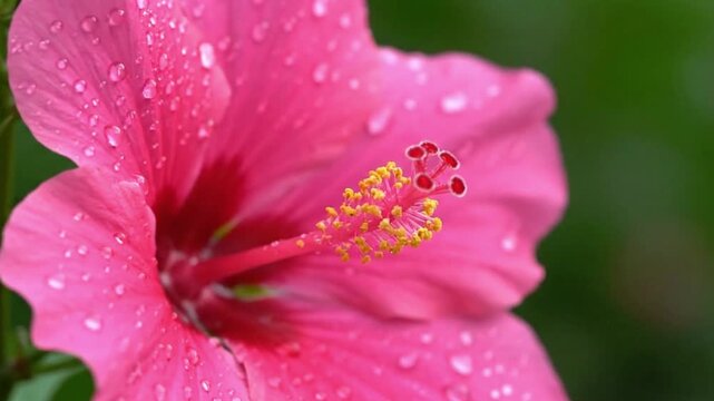A vibrant pink hibiscus flower blooms adorned with water droplets against a blurred green background