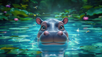 Adorable Cartoon Baby Hippo in Magical Lily Pond with Fireflies and Lotus Flowers