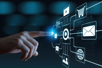 Digital Marketing and Social Media Engagement with a Hand Touching a Glowing Interface Featuring Various Icons Representing Online Communication and Commerce in a Modern