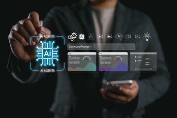 AI agents interface with digital dashboard and analytics charts, showing data visualization and command prompt, representing artificial intelligence, advanced technology solutions and automation.
