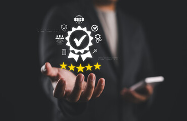 Quality assurance and top service, Businessman holding digital badge with check mark and certification icons. Ideal for trusted brands, product guarantee, ISO standards, high-quality service.