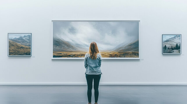 A woman viewing a large landscape white-framed picture in an art museum with white walls and a gray floor. High-resolution, crisp, detailed.