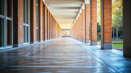 A long, narrow, brick-paved walkway with columns on either side, leading to a building with large windows and a green lawn in the background.