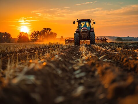 Rear view of a tractor pulling tillage equipment in a harvested field during sunset. Dust rises from the soil as light reflects on crop residues