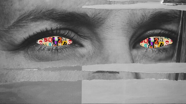 Moving numbers in womans eyes seamless collage loop old blank grunge fly posters backgrounds with creased crumpled paper backdrop surface placard empty space for text 