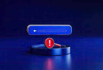 3D render of a glowing blue search bar with a red exclamation mark, hovering over a circular pedestal
