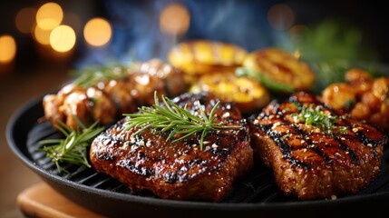 Grilled Steak Dinner with Rosemary, Potatoes, and Corn on Cast Iron Pan
