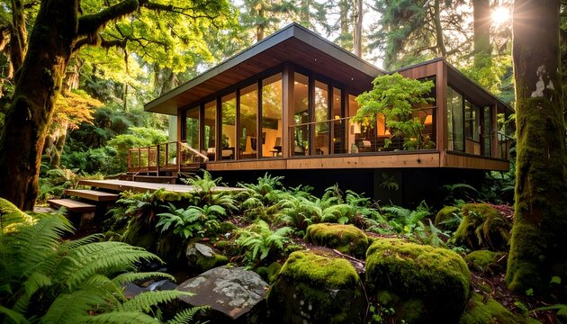 Modern Cabin Nestled in Lush Forest with Expansive Glass Walls and Natural Surroundings